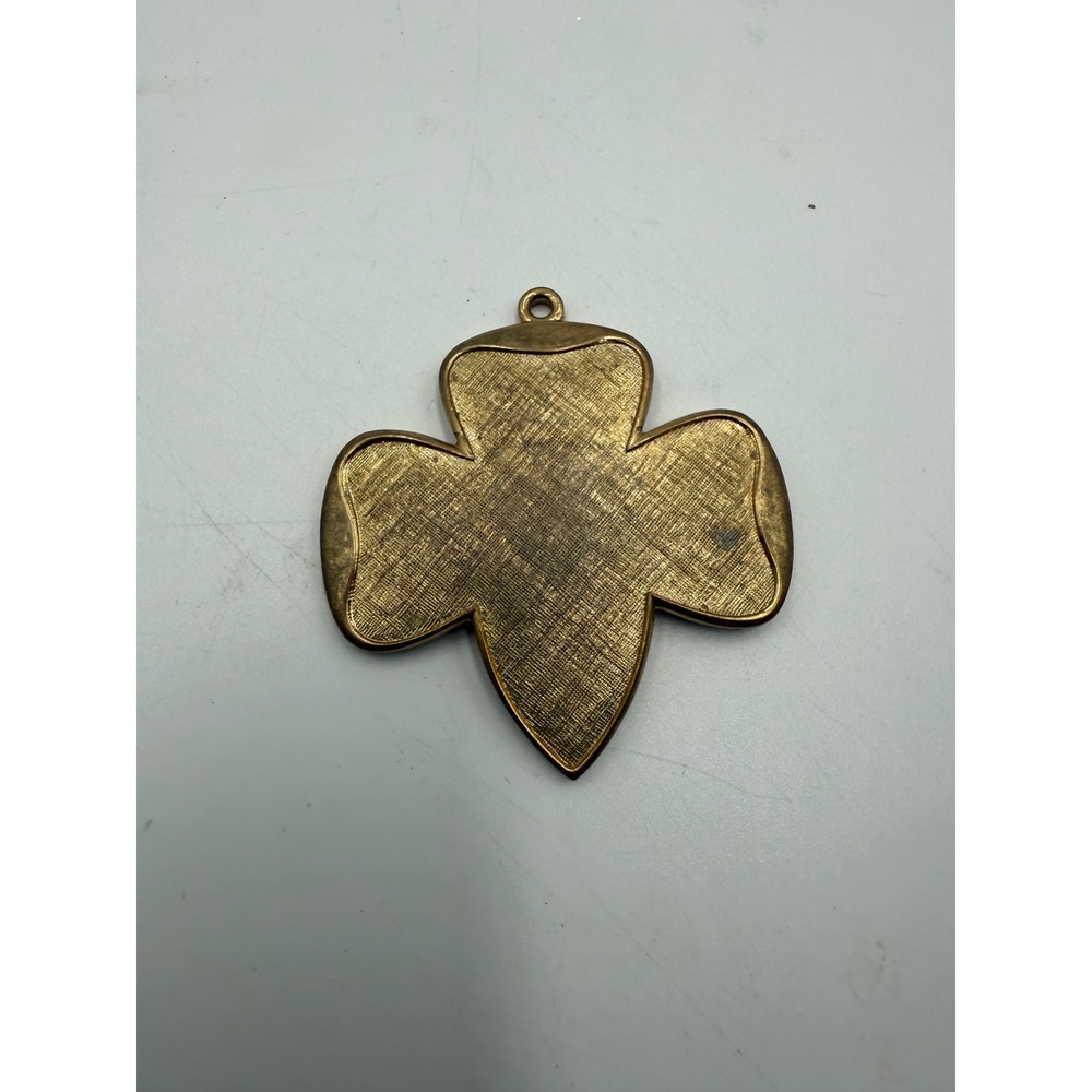Vintage Trefoil Pendant Gold Tone Textured Linen Finish Charm 2 Inch